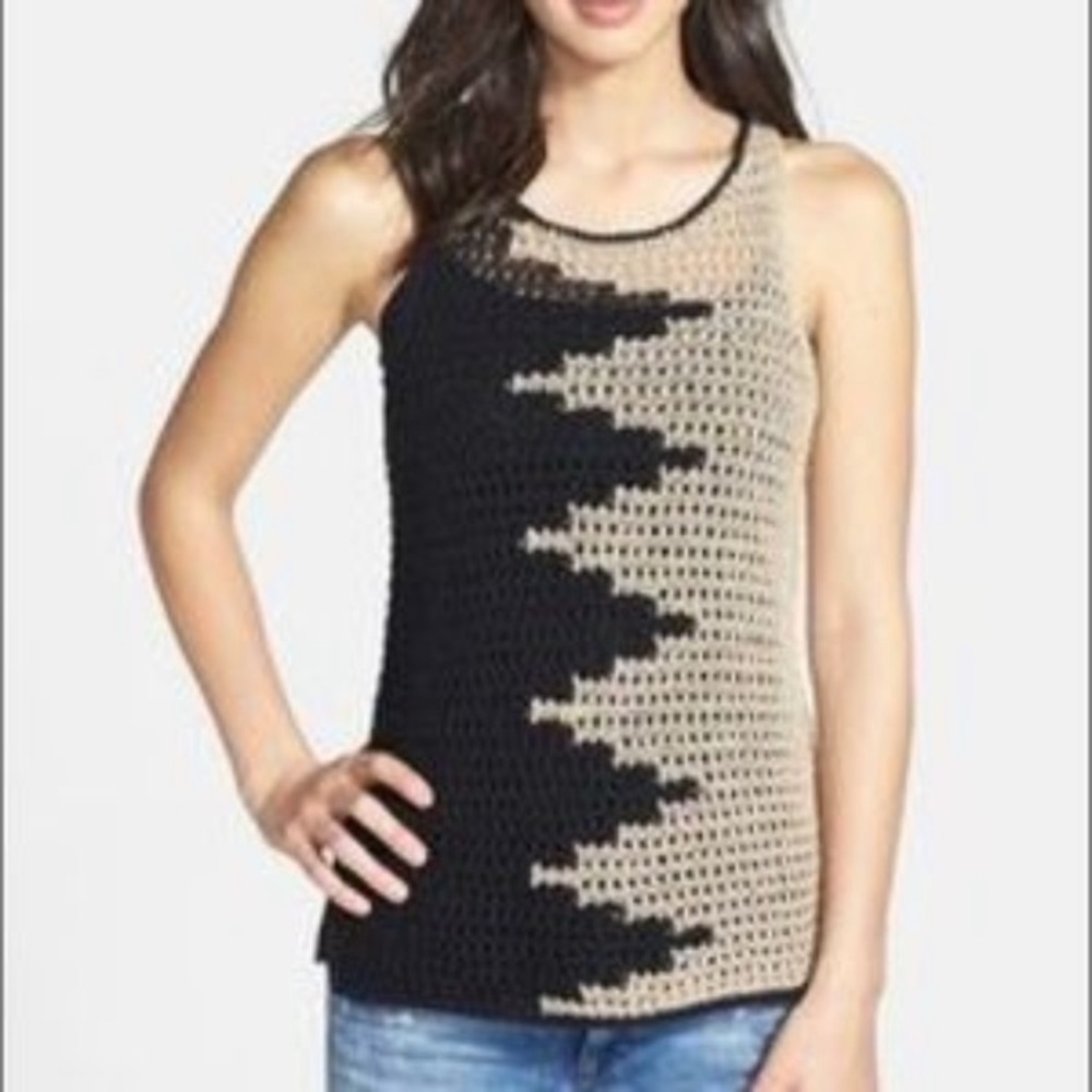 Lucky Brand Black and Beige Crochet Tank Top S